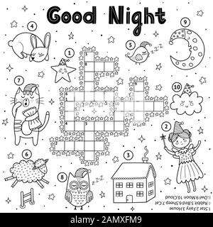 Black and white crossword game for kids. Good night theme coloring page Stock Vector