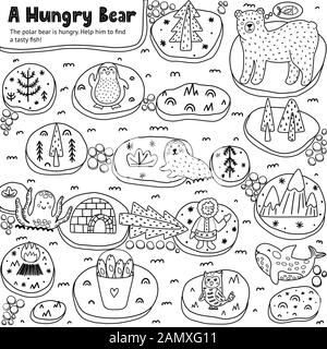 A Hungry Bear black and white labyrinth game for kids Stock Vector