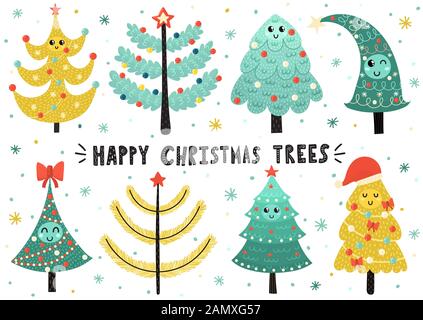 Happy Christmas trees collection. Cute isolated elements Stock Vector