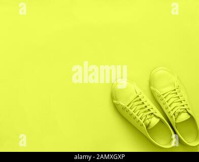 Green leather sneakers on green background. Pair of fashion trendy green sport shoes or sneakers with copy space for text or design. Overhead shot of new green sneakers,monochrome.Top view or flat lay Stock Photo