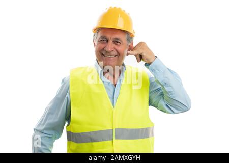 Old builder man smiling as making call gesture with fingers isolated on white background Stock Photo