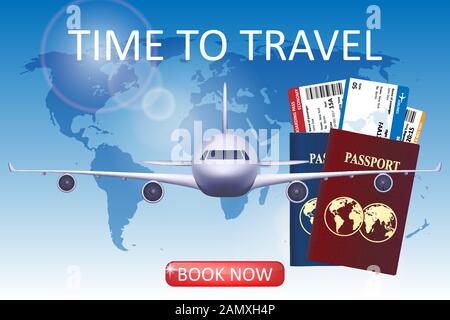 Air travel illustration with airplane. Brochure in tourism theme. Business travel agency advertisement airplane poster design. Vector illustration Stock Vector