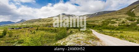 Cabins at the end of the road in Doralen valley, Rondane National Park, Innlandet, West Norway, Scandinavia, Europe Stock Photo