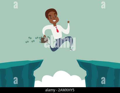 black african american businessman jump over cliff gap, overcome the difficulty. Business concept Stock Vector