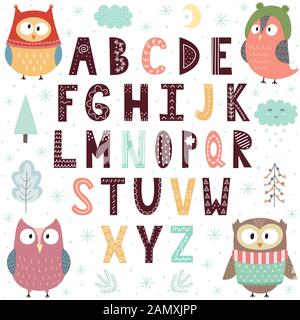 Alphabet with cute owls for children. Educational poster Stock Vector