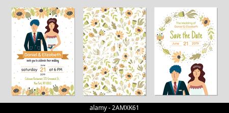 Wedding templates set with bride and groom Stock Vector