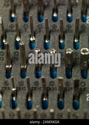 Close-up on bits, metal tips for various screws Stock Photo