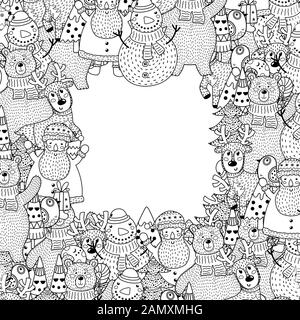 Black and white Christmas frame in coloring page style Stock Vector