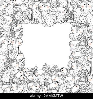Outline frame template with funny rabbits. Coloring page Stock Vector
