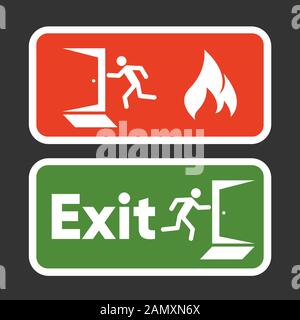 Exit fire signs set. Emergency Exit. Man figure running to doorway. Plate fire exit. Vector Stock Vector