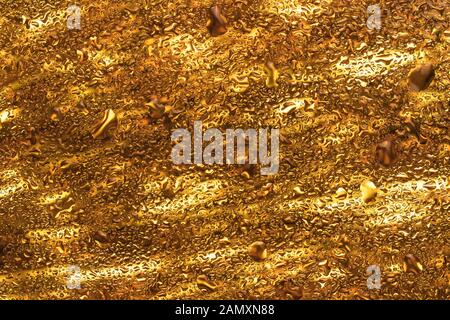 Golden abstract background with bubbles. Creative wallpaper texture, bright yellow modern backdrop. Shiny festive glassy surface, glitter iridescent g Stock Photo