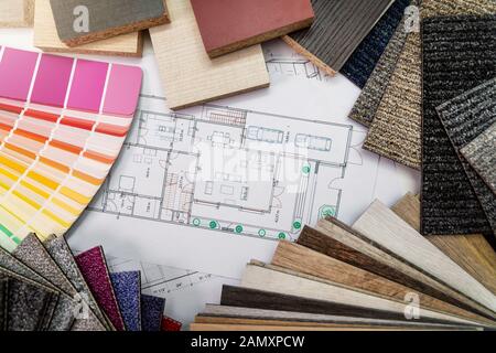 interior design materials and color samples with floor plan blueprint Stock Photo
