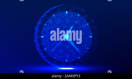 wall office clock. Abstract Low Poly wireframe mesh design. On dark blue background. Vector Illustration Stock Vector