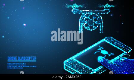 drone, smartphone. Hand operate drone by smartphone Stock Vector