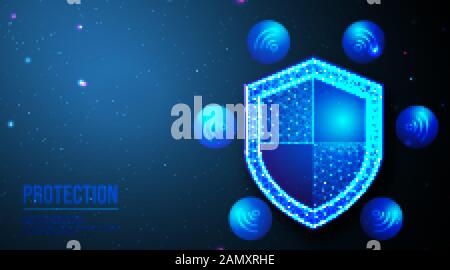 Shield and wifi icon. Security concept, Data secure. abstract low poly wireframe mesh design. from connecting dot and line. vector illustration.futuri Stock Vector