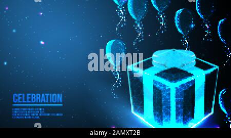 flying balloon decoration, gift box celebration, anniversary, birthday background concept. abstract low poly wireframe mesh design. from connecting do Stock Vector