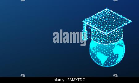 Graduation cap or mortar board on top of world globe. education concept.  Abstract Low Poly wireframe mesh design. On dark blue background. Vector Ill Stock Vector