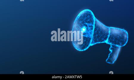 Bullhorn. 3d megaphone. Communication, announcement message, shout speech concept. Abstract Low Poly wireframe mesh design. On dark blue background. V Stock Vector