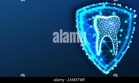 teeth,tooth and shield. Dental Protection. Dental care. Abstract Low Poly wireframe mesh design. From connecting dot and line. Shine Lines. Vector Ill Stock Vector