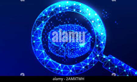 Business Analysis symbol with magnifying glass icon and pie chart, Abstract Low poly wireframe mesh design. Business strategy concept. Vector Illustra Stock Vector