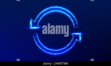 circle arrows in a round rotating circular, recycle. abstract low poly wireframe mesh design. from connecting dot and line. vector illustration on blu Stock Vector