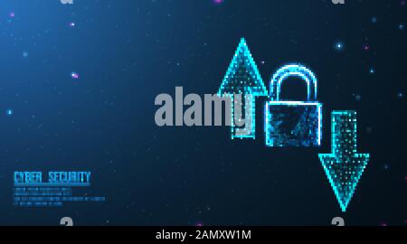upload, download, transferring data. and lock, padlock, security concept. from connecting dot and line. vector illustration.futuristic design on dark Stock Vector