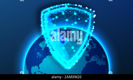 World globe and shield. Global social network. Future. Vector. Blue futuristic background with planet Earth. Internet and technology Stock Vector