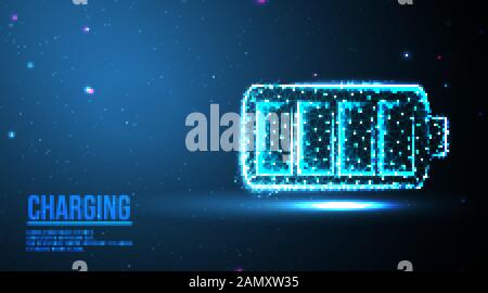 full battery. Fast charging. battery. abstract low poly wireframe mesh design. from connecting dot and line. vector illustration.futuristic design on Stock Vector