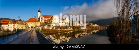 Frohnleiten panorama small town above Mur river in Styria,Austria. Famous travel destination. Stock Photo