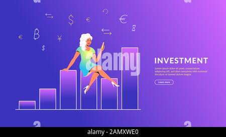 Woman using mobile app for online banking and investing. Concept vector illustration of girl sitting on growing graph with smartphone and financial sy Stock Vector