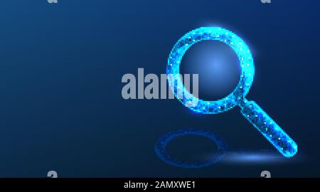 Magnifier tool. Search tool. Abstract Low Poly wireframe mesh design. On dark blue background. Vector Illustration Stock Vector