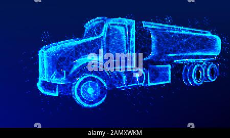 truck, oil tanker, oil transportation.abstract low poly wireframe mesh design. from connecting dot and line. vector illustration on blue background Stock Vector