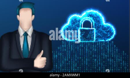 businessman, padlock and cloud, storage. Business concept. Vector Illustration on dark blue background Stock Vector