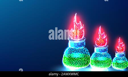 fire flame flask laboratory. abstract low poly wireframe mesh design. from connecting dot and line. vector illustration on blue background Stock Vector