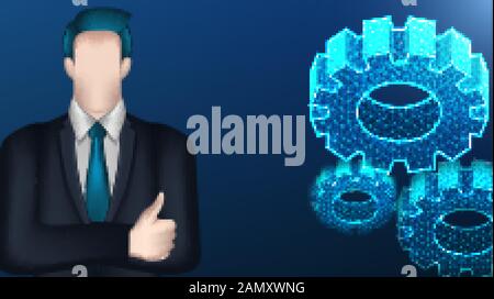 businessman, cog gear, business team concept. Vector Illustration on dark blue background Stock Vector