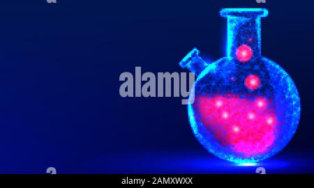 laboratory flask. abstract low poly wireframe mesh design. from connecting dot and line. vector illustration on blue background Stock Vector