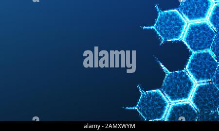 Molecule structure form lines and triangles, hexagon point connecting network on blue background. Abstract low poly, Triangle, dot, line, polygon. Shi Stock Vector
