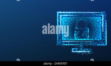 Data Protect. Lock on computer monitor screen. Abstract Low Poly wireframe mesh design. On dark blue background. Vector Illustration Stock Vector