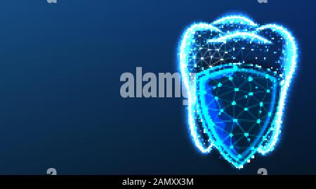 teeth,tooth and shield. Dental Protection. Dental care. Abstract Low Poly wireframe mesh design. From connecting dot and line. Shine Lines. Vector Ill Stock Vector
