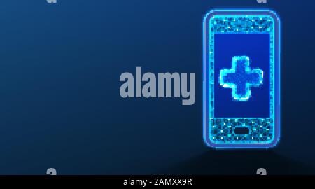 Phone, Smartphone and health medical symbol. Crossed Health Icon. Doctor Online concept. Abstract Low Poly wireframe mesh design. On dark blue backgro Stock Vector