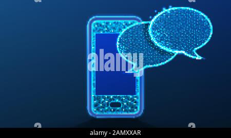 Phone and bubble speech, communication concept. Abstract Low Poly wireframe mesh design. On dark blue background. Vector Illustration Stock Vector