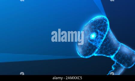 Bullhorn. 3d megaphone. Communication, announcement message, shout speech concept. Abstract Low Poly wireframe mesh design. On dark blue background. V Stock Vector