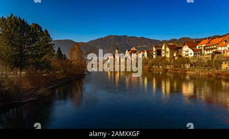 Frohnleiten panorama small town above Mur river in Styria,Austria. Famous travel destination. Stock Photo