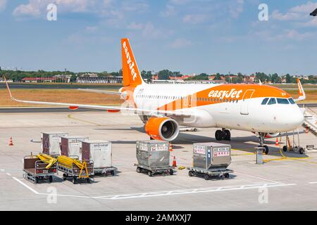 Berlin, Germany - May 28, 2018: EasyJet Airbus A320 airplane at Berlin Tegel airport (TXL) in Germany. Airbus is an aircraft manufacturer from Toulous