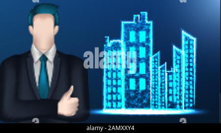 businessman, cityscape town building . Business concept. Vector Illustration on dark blue background Stock Vector