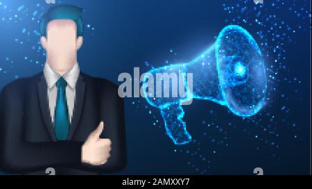 businessman, and megaphone. hiring and announcement. Business concept. Vector Illustration on dark blue background Stock Vector