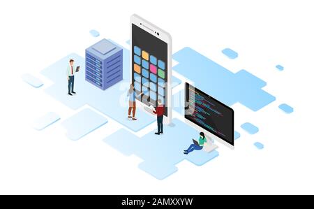 mobile app development with programming language and server with team developer and isometric design style - vector Stock Photo