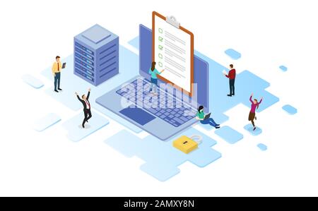 online exam or test concept with server and laptop quiz questionnaire with isometric design style - vector Stock Photo