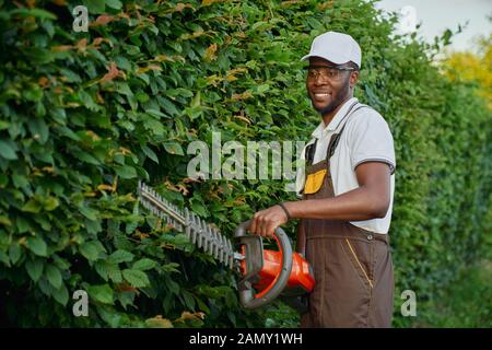 Cheerful afro male gardener in working clothing and protective glasses holding electronic trimmer for cutting overgrown branches on decorative hedge. Handsome man carefully trimming plants Stock Photo