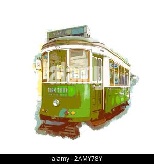 Digitally enhanced image of a Green tram in the crowded narrow streets of Lisbon, Portugal Stock Photo